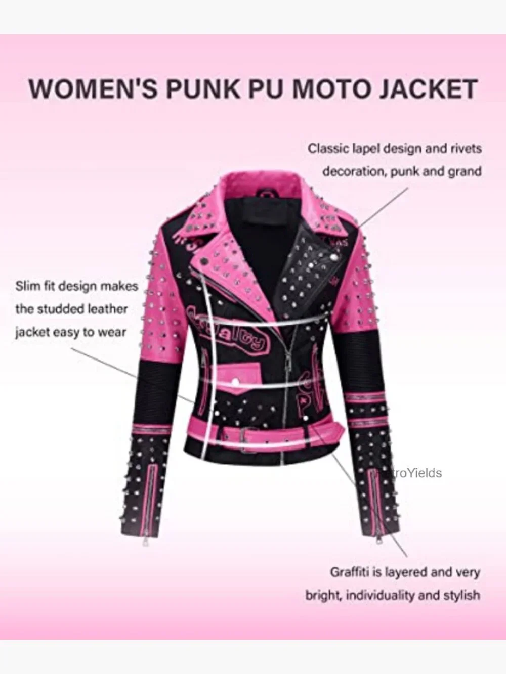 Studded Faux Leather Moto Jacket Belted Windbreaker Streetwear - Picture 5 of 7